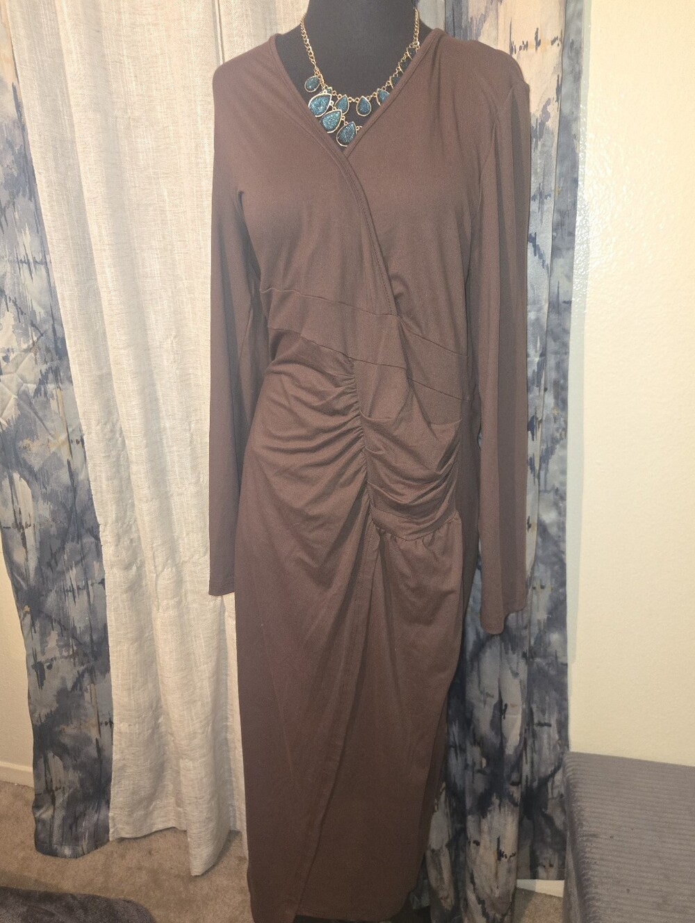 SHEIN Brown Long Sleeve Ruched Wrap Midi Dress